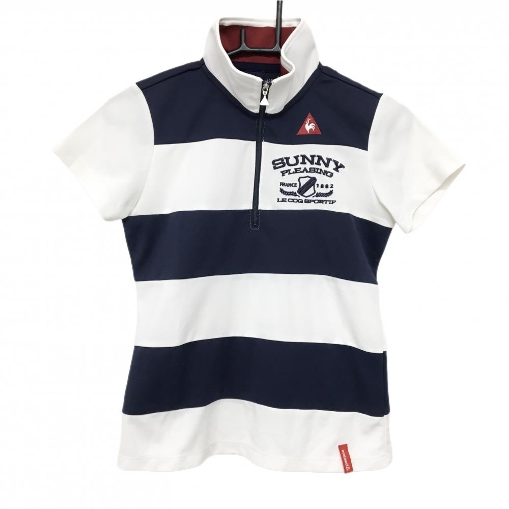 【超美品】ルコックゴルフ 半袖ハイネックシャツ 白×ネイビー ボーダー ハーフジップ  レディース M ゴルフウェア le coq sportif