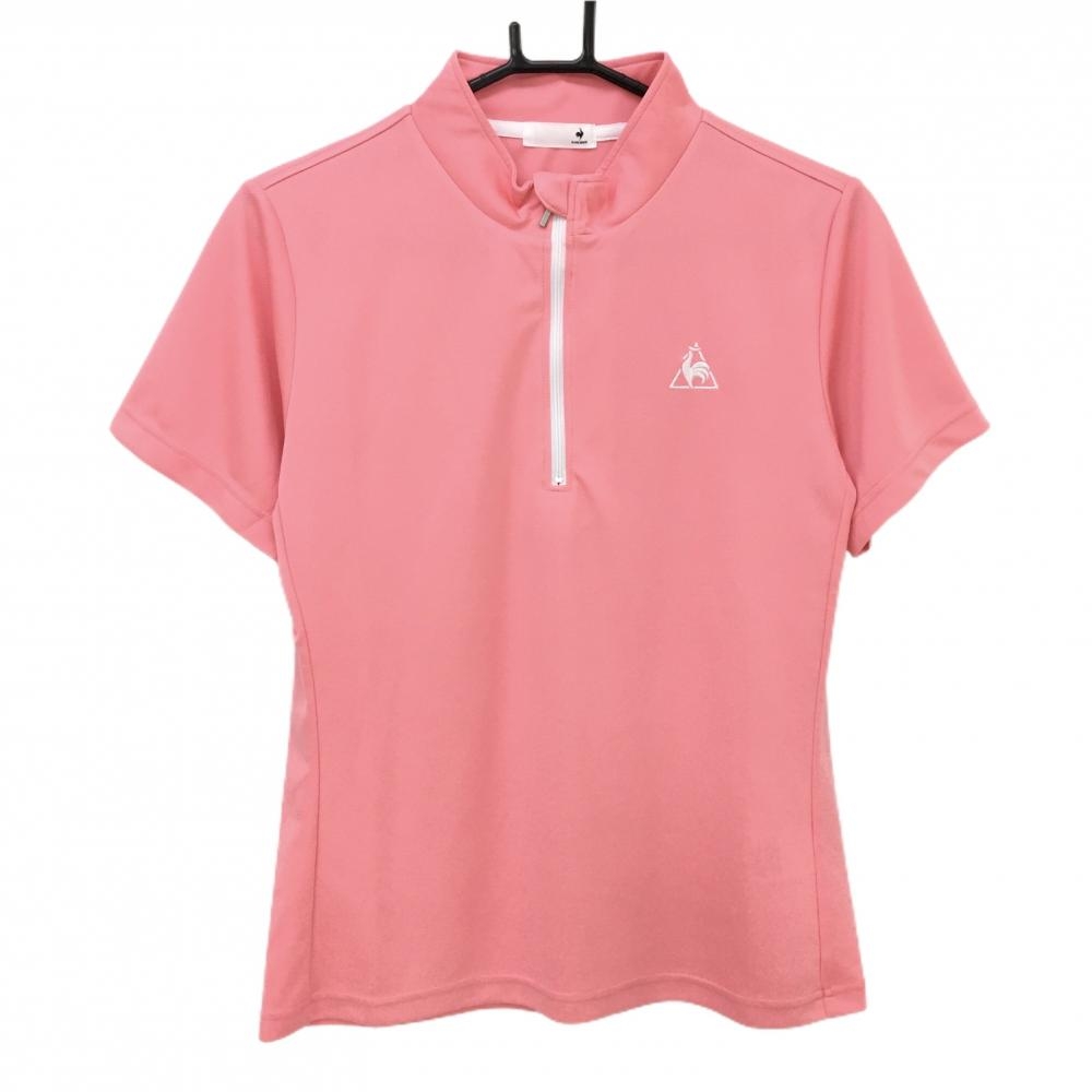【美品】ルコック 半袖ハイネックシャツ ライトピンク×白 ロゴ刺しゅう ハーフジップ レディース O ゴルフウェア le coq sportif