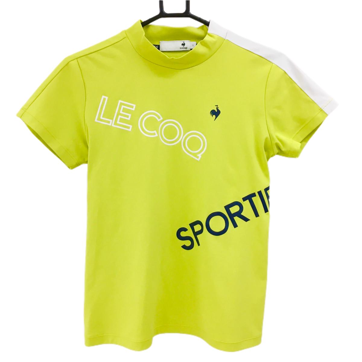 【美品】ルコックゴルフ 半袖ハイネックシャツ イエローグリーン×白×ネイビー レディース M ゴルフウェア le coq sportif