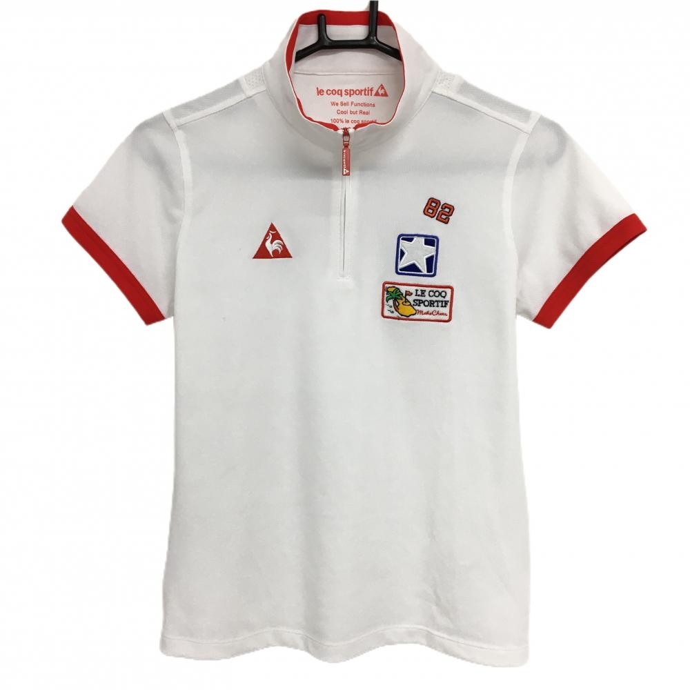 【美品】ルコックゴルフ 半袖ハイネックシャツ 白×レッド 複数ワッペン ハーフジップ  レディース M ゴルフウェア le coq sportif