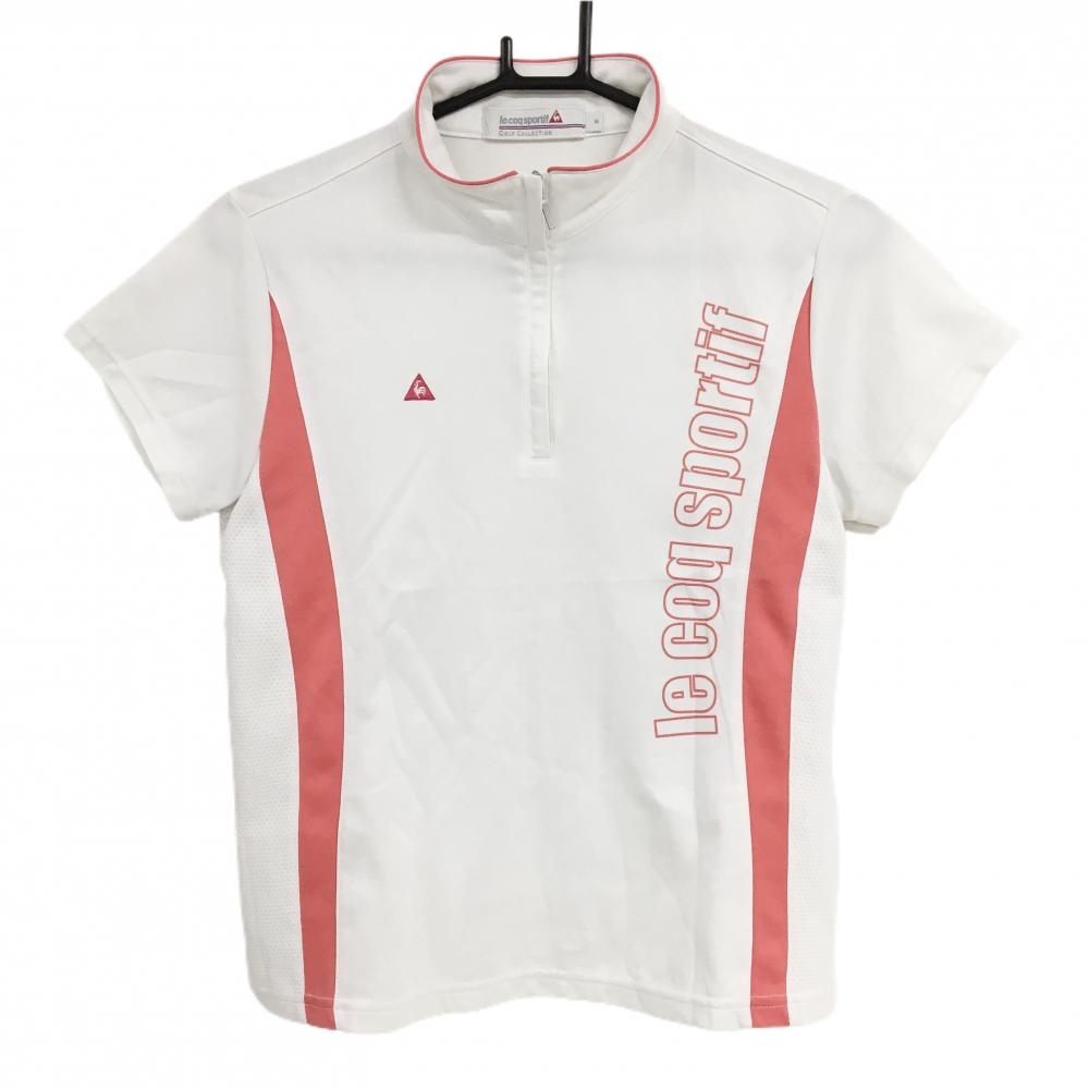 【美品】ルコックゴルフ 半袖ハイネックシャツ 白×オレンジピンク ロゴプリント レディース M ゴルフウェア le coq sportif