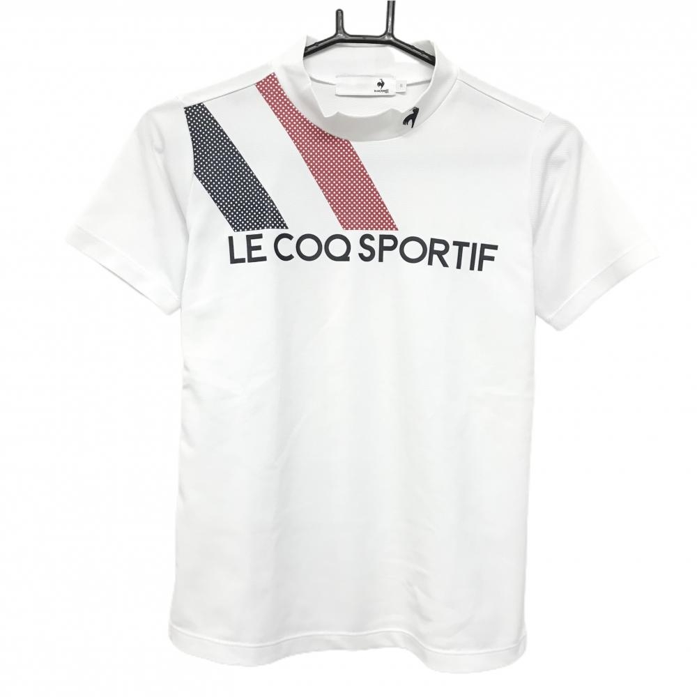 【美品】ルコックゴルフ 半袖ハイネックシャツ 白×ネイビー フロントロゴ  レディース S ゴルフウェア 2023年モデル le coq sportif