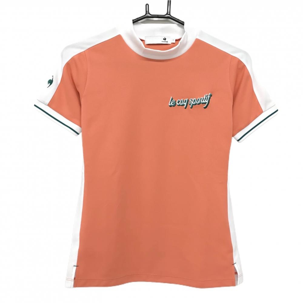 【美品】ルコックゴルフ 半袖ハイネックシャツ オレンジ×白 ロゴグリーン  レディース S ゴルフウェア 2023年モデル le coq sportif