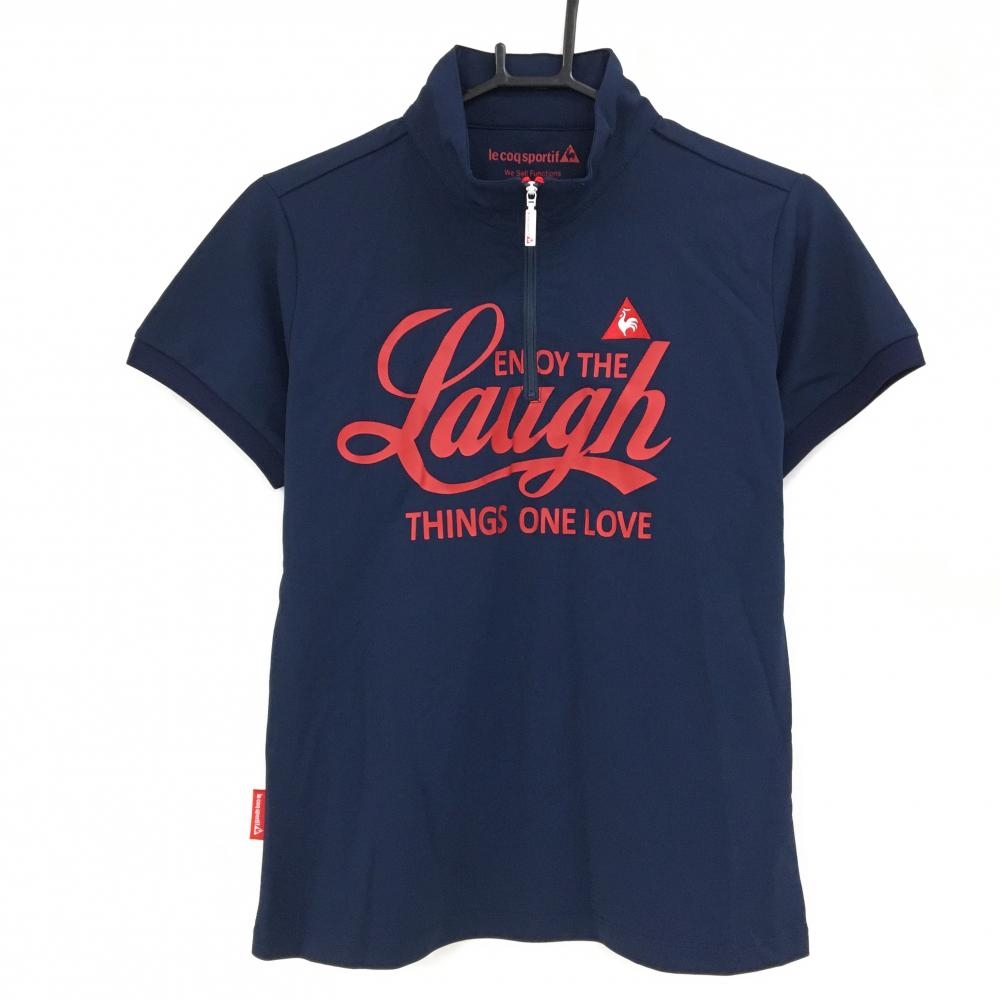【超美品】ルコックゴルフ 半袖ハイネックシャツ ネイビー×レッド フロント英字 ハーフジップ  レディース L ゴルフウェア le coq sportif