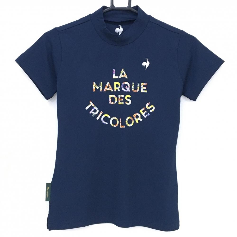 【超美品】ルコックゴルフ 半袖ハイネックシャツ ネイビー×イエロー系 フロント英字プリント レディース S ゴルフウェア le coq sportif