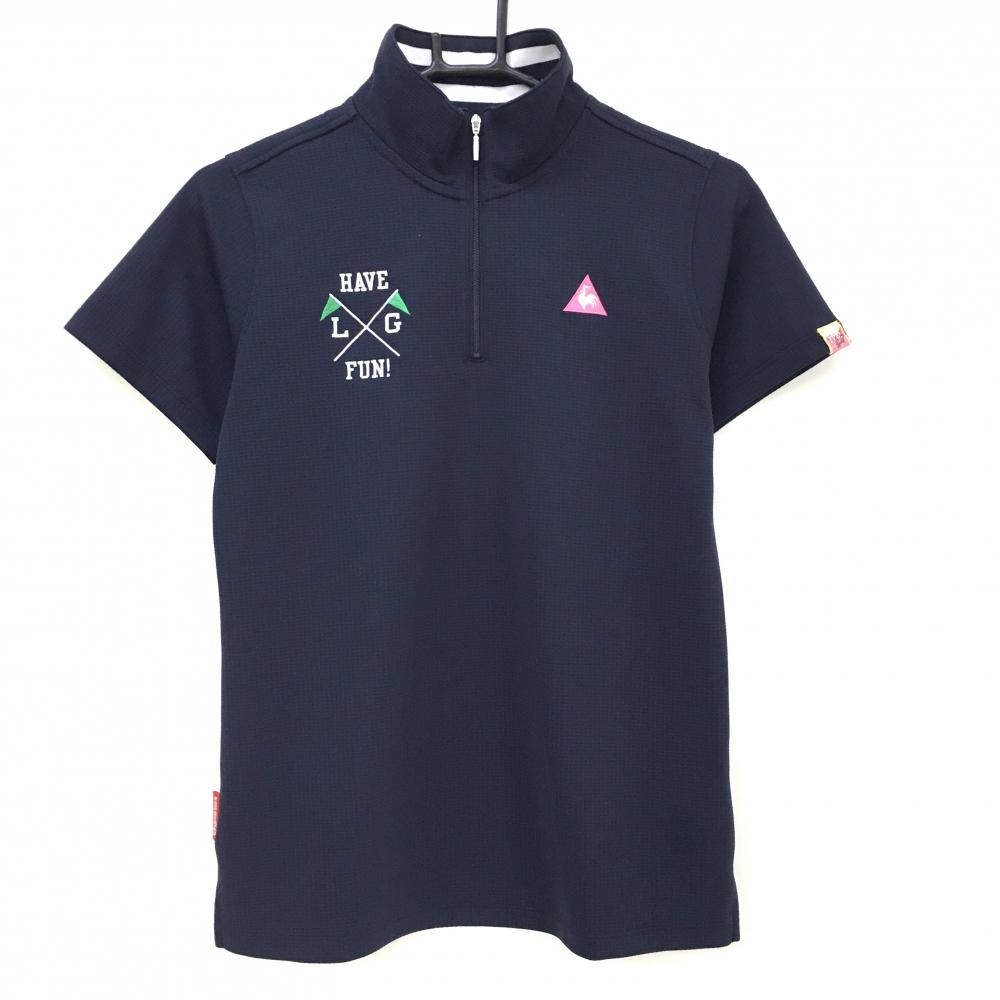 【超美品】ルコックゴルフ 半袖ハイネックシャツ ネイビー ハーフジップ ロゴピンク レディース LL ゴルフウェア le coq sportif