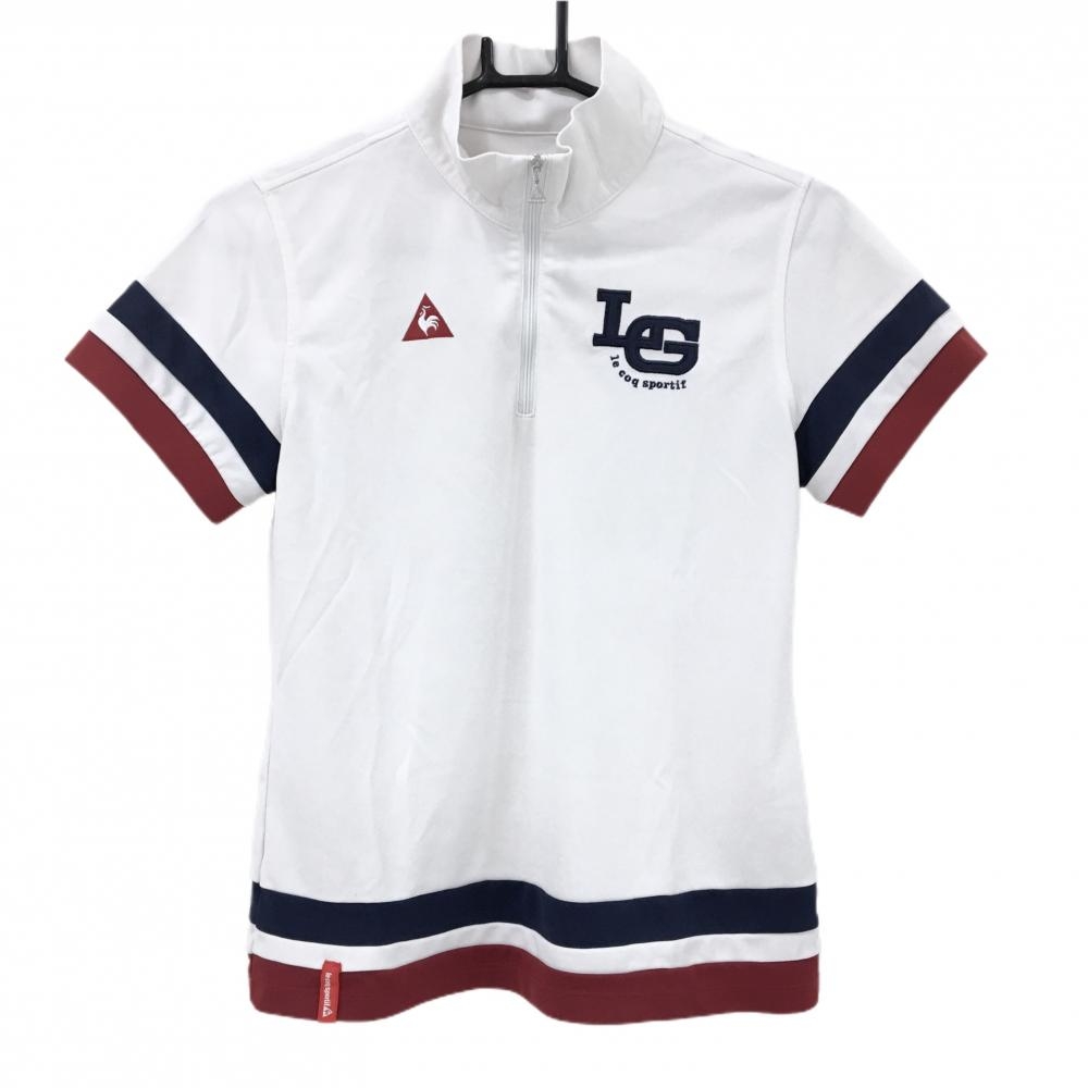 ルコックゴルフ 半袖ハイネックシャツ 白×ネイビー×レッド 袖口・裾トリコロール  レディース L ゴルフウェア le coq sportif
