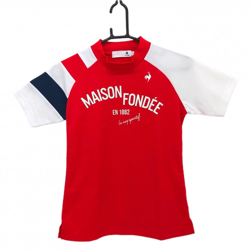 【超美品】ルコック 半袖ハイネックシャツ レッド×白 胸元プリント レディース S ゴルフウェア le coq sportif