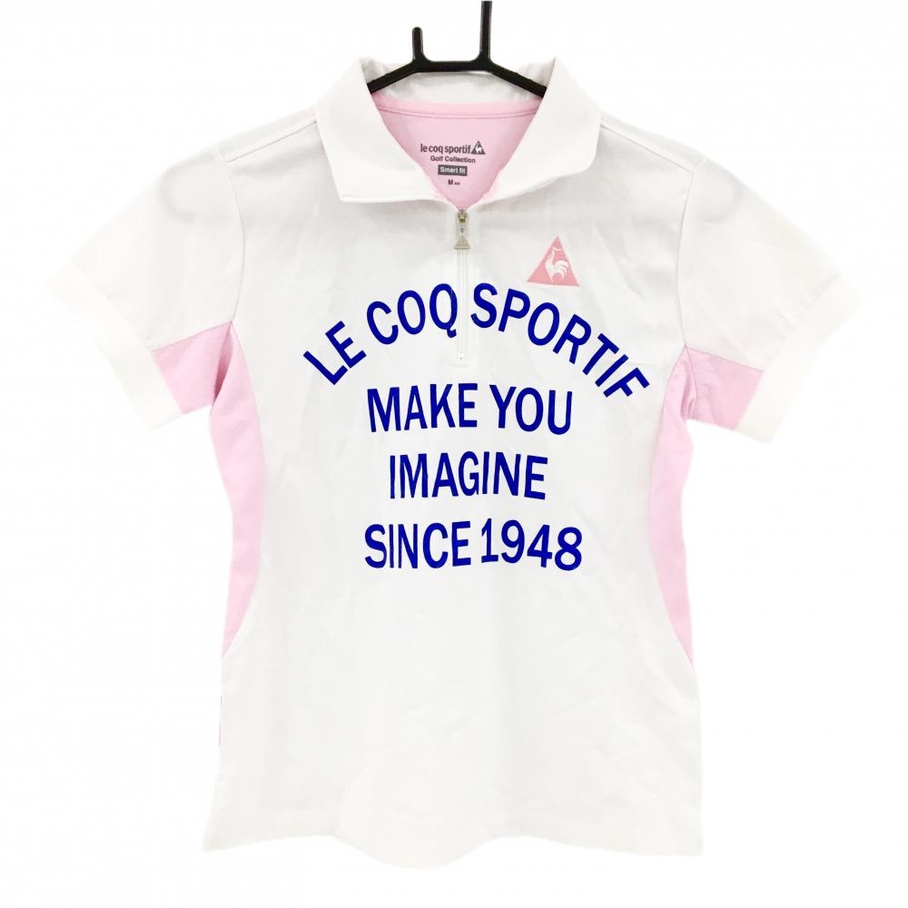【超美品】ルコックゴルフ 半袖ハイネックシャツ 白×ピンク 袖下・サイドメッシュ レディース M ゴルフウェア le coq sportif