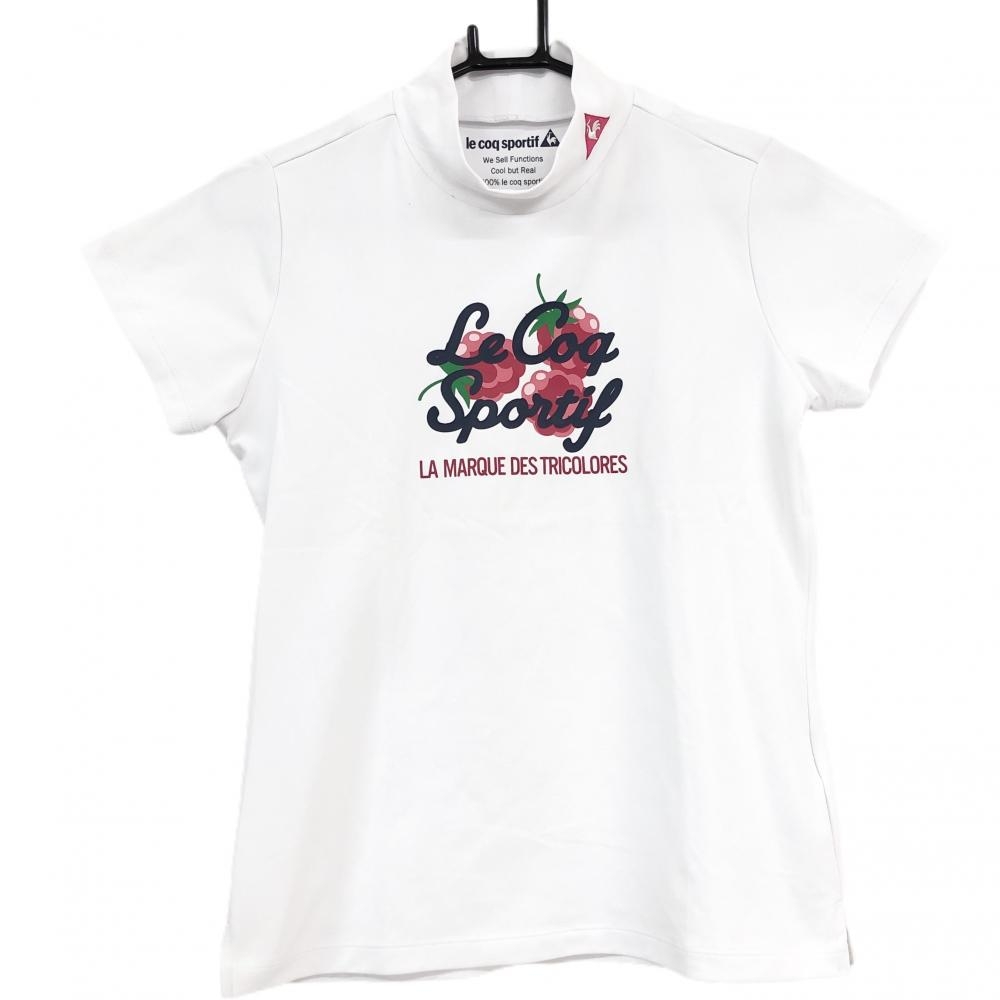 【美品】ルコックゴルフ 半袖ハイネックシャツ 白×レッド 胸プリント ベリー レディース M ゴルフウェア le coq sportif