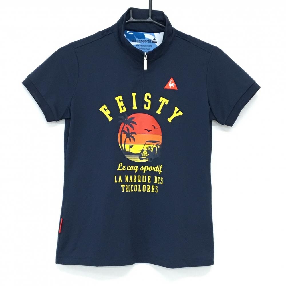 ルコック 半袖ハイネックシャツ ネイビー×イエロー フロントプリント ハーフジップ レディース M ゴルフウェア le coq sportif