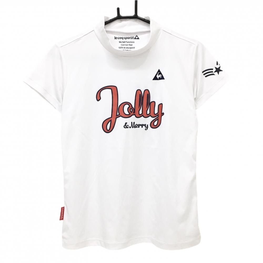 ルコックゴルフ 半袖ハイネックシャツ 白×レッド 袖星プリント レディース L ゴルフウェア le coq sportif