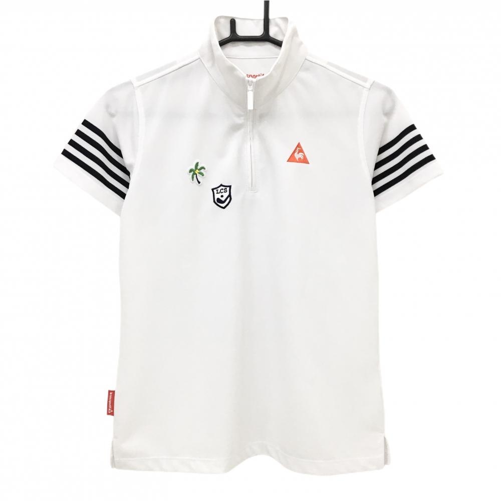 ルコックゴルフ 半袖ハイネックシャツ 白×ネイビー 袖ボーダー ハーフジップ レディース L ゴルフウェア le coq sportif