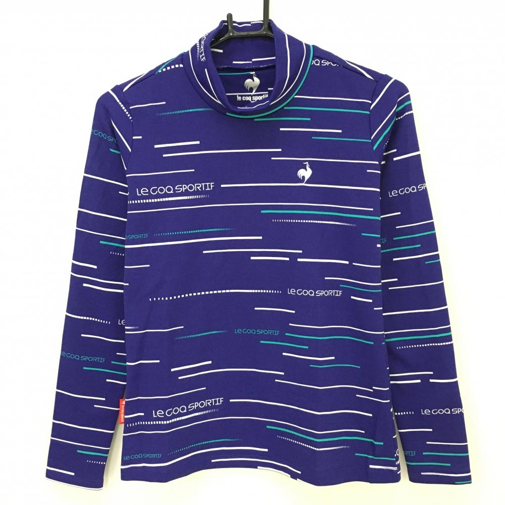 【美品】ルコック 長袖ハイネックシャツ パープル×白 総柄 ロゴ刺しゅう 表微起毛 レディース M ゴルフウェア le coq sportif