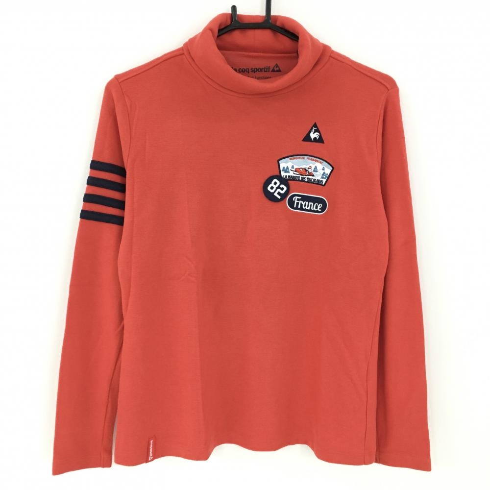 【美品】ルコック 長袖ハイネックシャツ レッド×ネイビー ロゴ刺しゅう ワッペン 表微起毛 レディース L ゴルフウェア le coq sportif