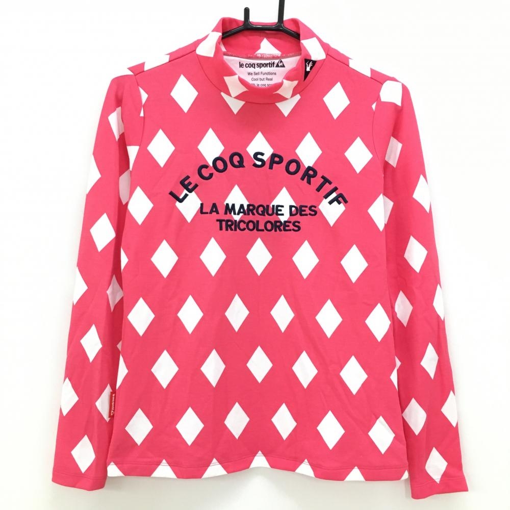 【美品】ルコック 長袖ハイネックシャツ ピンク×白 ダイヤ柄 ロゴ刺しゅう 総柄 レディース L ゴルフウェア le coq sportif
