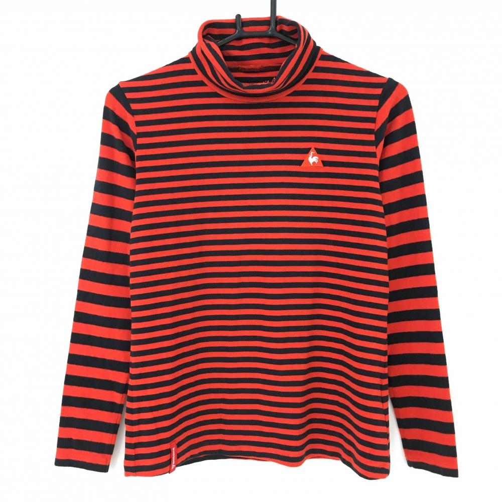 【美品】ルコック 長袖ハイネックシャツ レッド×ネイビー ボーダー柄 ロゴ刺しゅう 表部起毛  レディース M ゴルフウェア le coq sportif