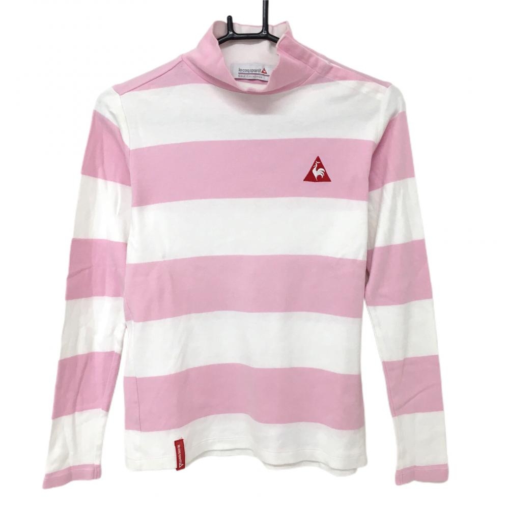 ルコック 長袖ハイネックシャツ 白×ピンク ボーダー ネックスナップボタン  レディース S ゴルフウェア le coq sportif