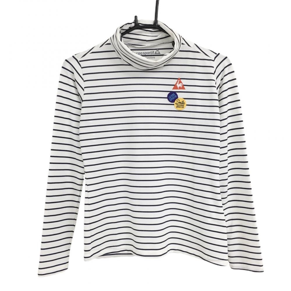 ルコック 長袖ハイネックシャツ 白×ネイビー ボーダー 胸元ワッペン レディース S ゴルフウェア le coq sportif