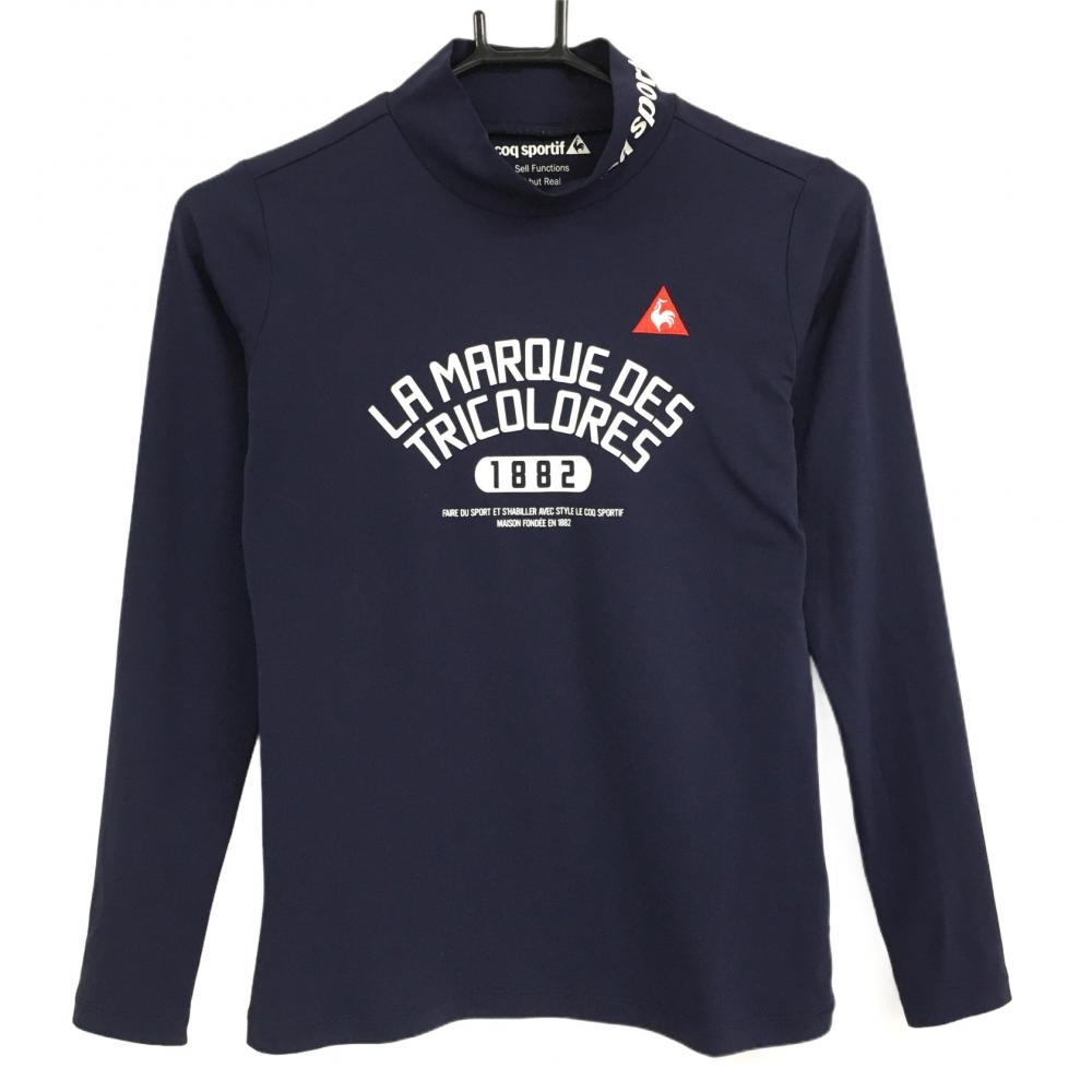 ルコック 長袖ハイネックシャツ ネイビー×白 フロントロゴプリント レディース S ゴルフウェア le coq sportif