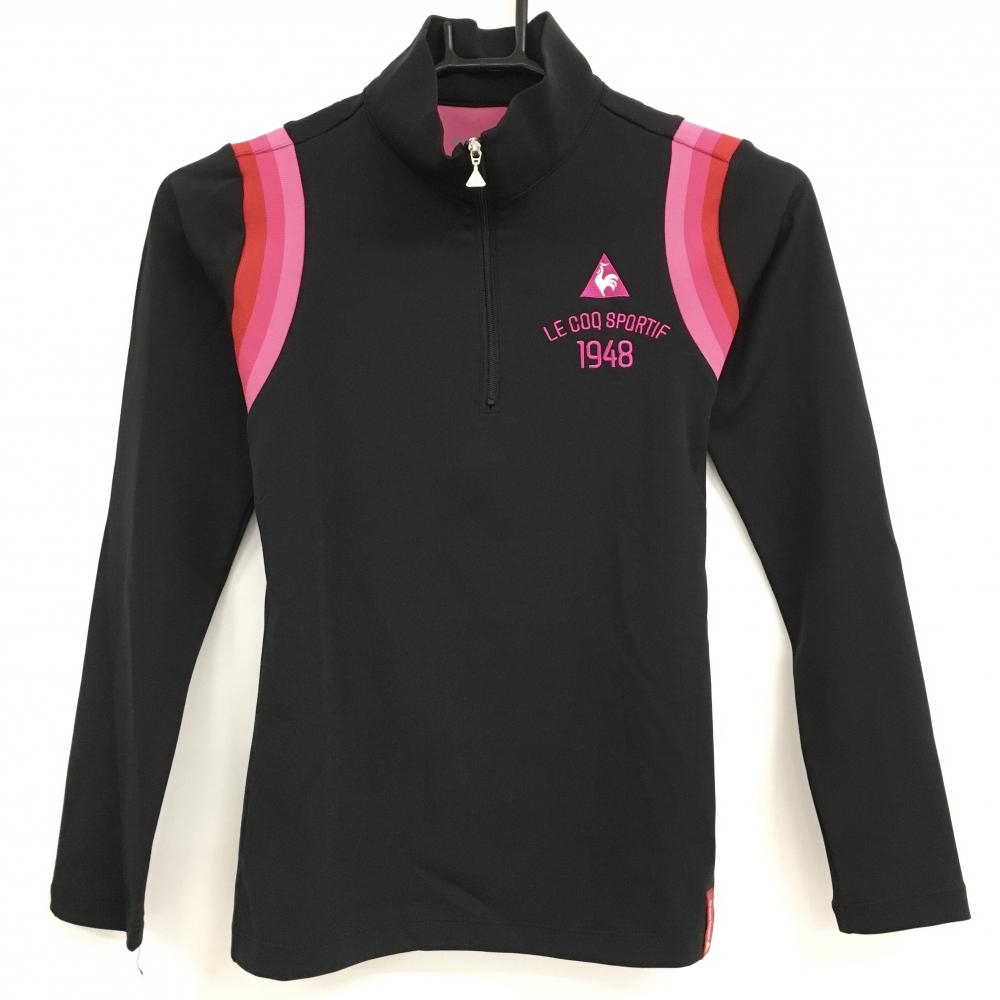 【超美品】ルコック 長袖ハイネックシャツ 黒×ピンク 肩切替ボーダー ハーフジップ Smartfit  レディース S ゴルフウェア le coq sportif
