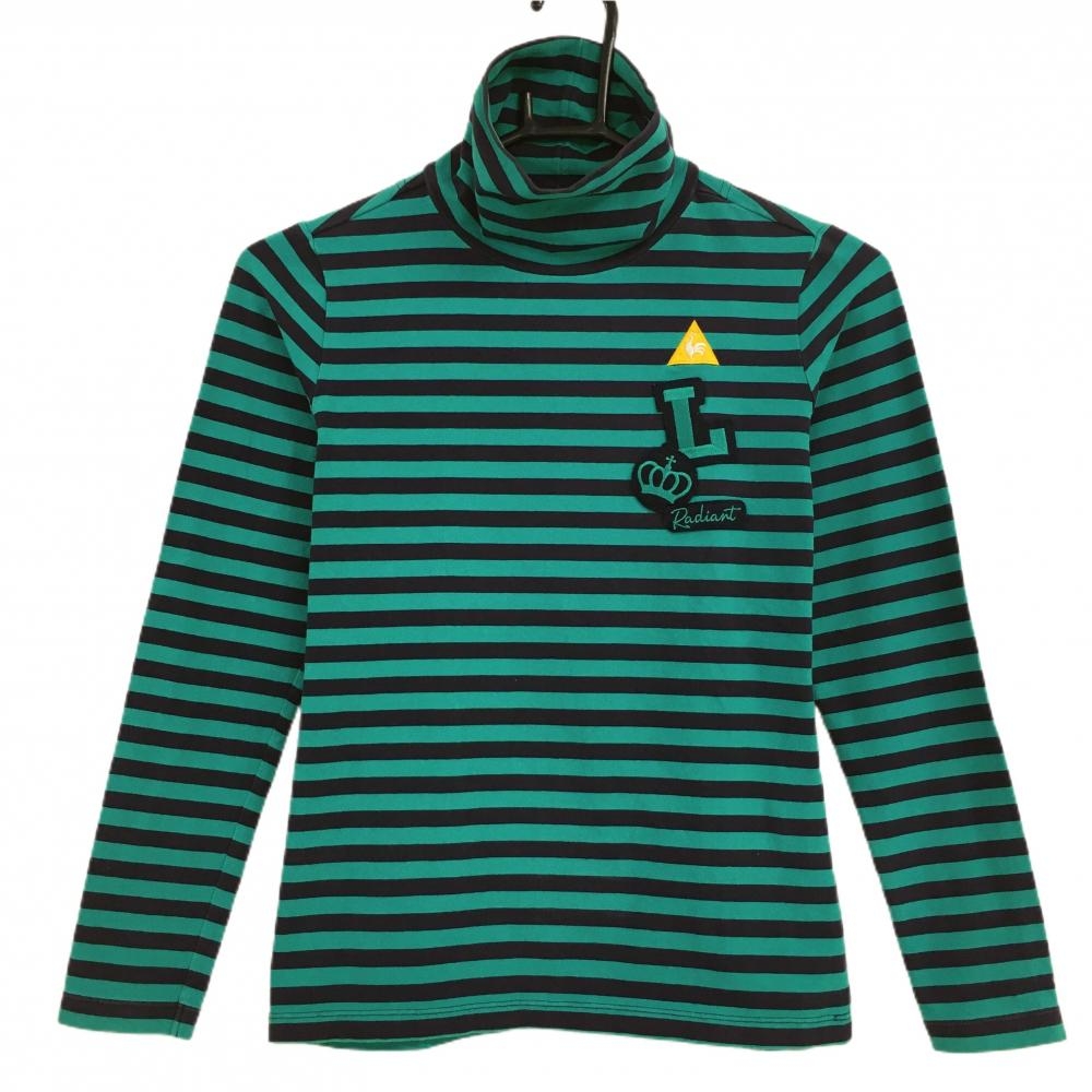 ルコック 長袖タートルネックシャツ グリーン×ネイビー ボーダー 胸ロゴ刺しゅう  レディース S ゴルフウェア le coq sportif