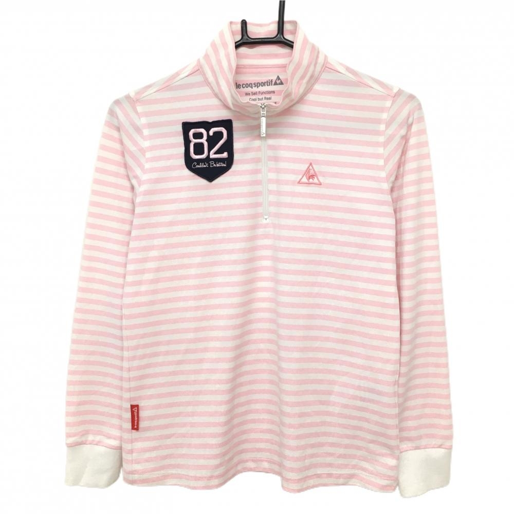 【美品】ルコック 長袖ハイネックシャツ 白×ピンク ボーダー ハーフジップ  レディース L ゴルフウェア le coq sportif