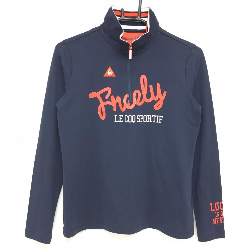 【美品】ルコック 長袖ハイネックシャツ ネイビー×レッド ハーフジップ ロゴ刺しゅう レディース L ゴルフウェア le coq sportif