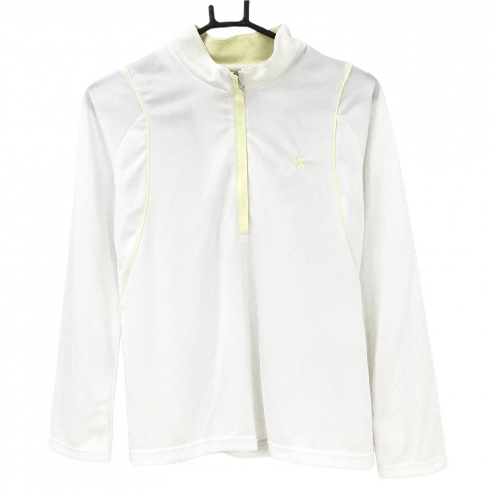 【美品】ルコック 長袖ハイネックシャツ 白×イエロー ハーフジップ レディース L ゴルフウェア le coq sportif