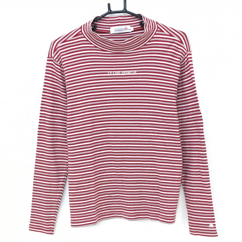 【美品】ルコック 長袖ハイネックシャツ レッド×白 ボーダー ロゴ刺しゅう レディース L ゴルフウェア le coq sportif
