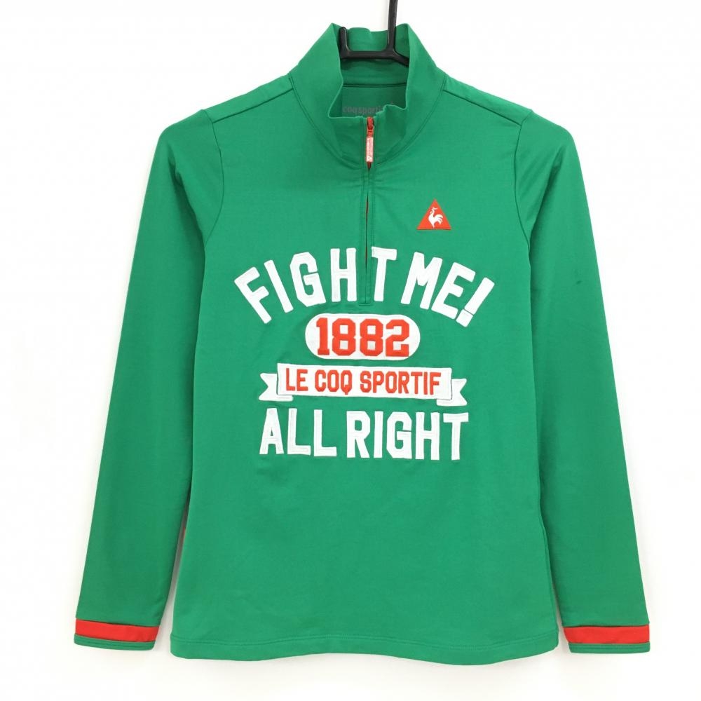 【美品】ルコック 長袖ハイネックシャツ グリーン×レッド ハーフジップ フロント刺しゅう レディース S ゴルフウェア le coq sportif