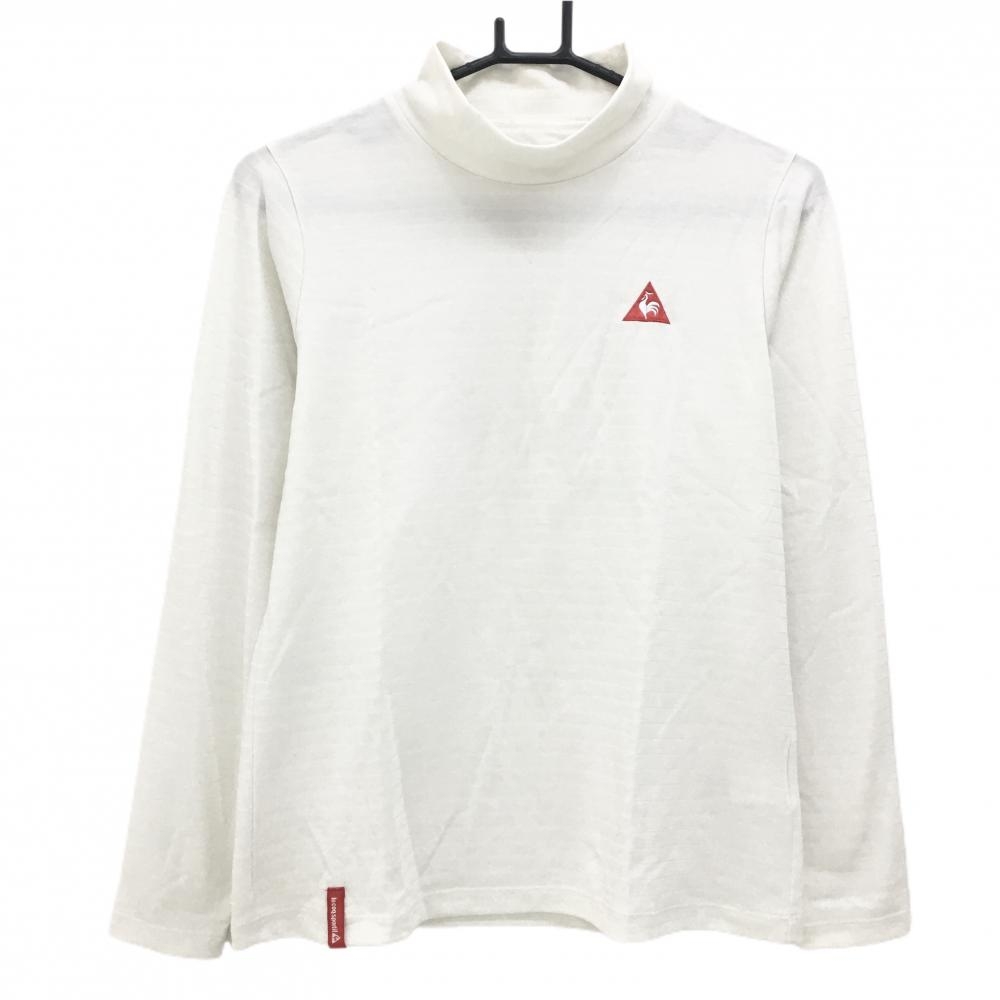 【超美品】ルコック 長袖ハイネックシャツ 白 ボーダー地模様 ウール混 レディース L ゴルフウェア le coq sportif