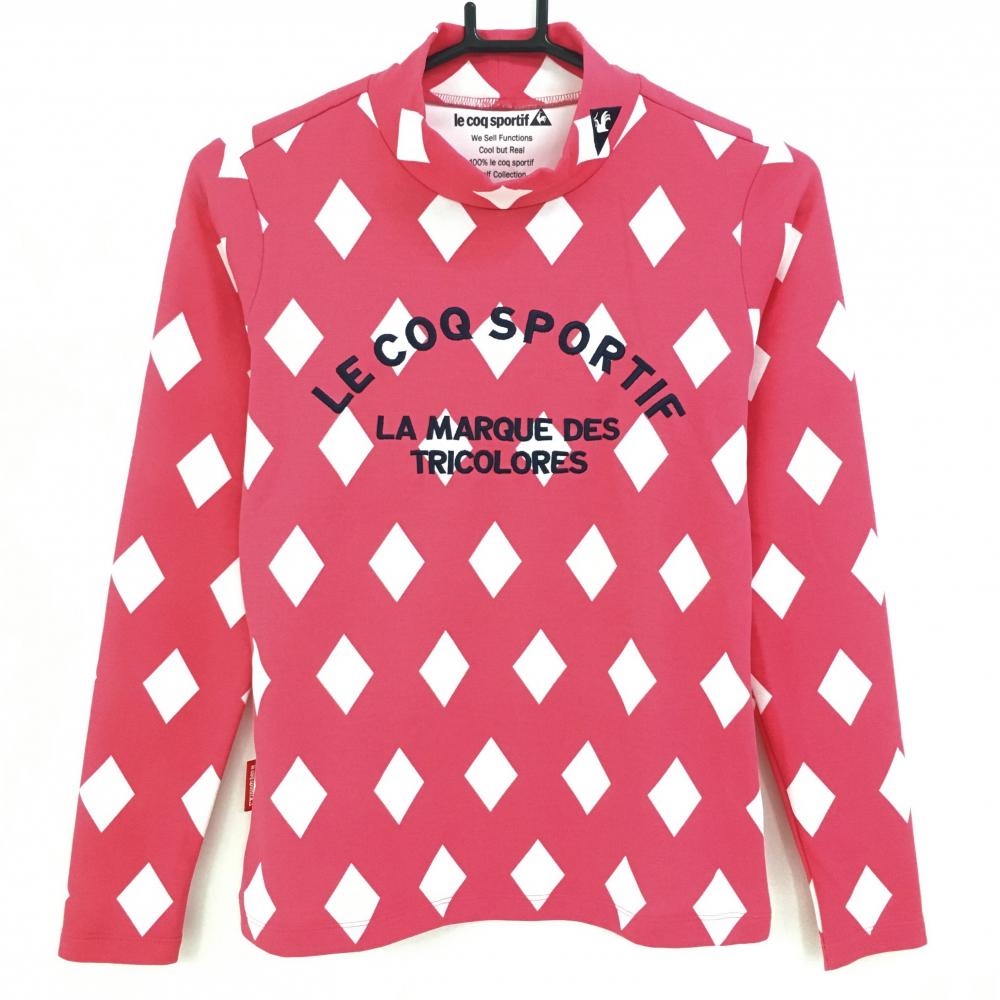 【超美品】ルコック 長袖ハイネックシャツ ピンク×白 ダイヤ柄 裏微起毛  レディース M ゴルフウェア le coq sportif