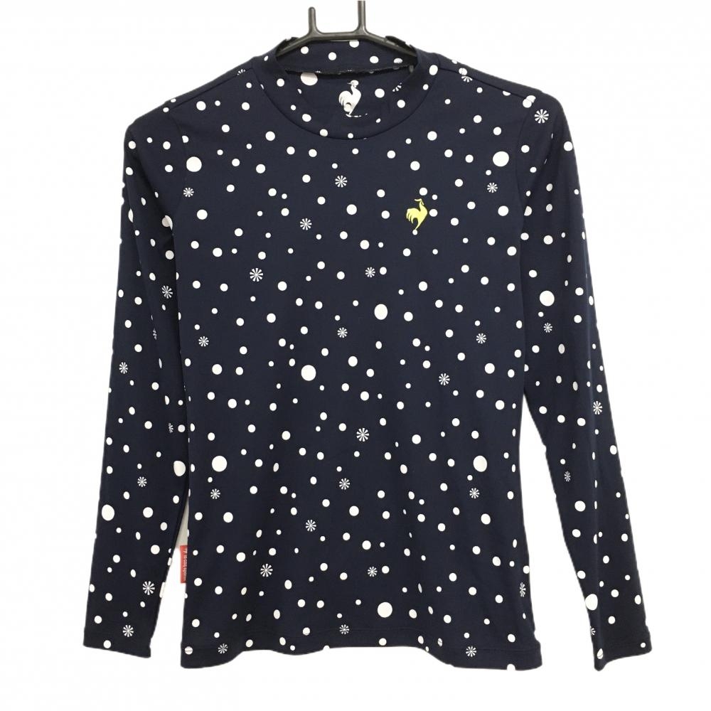 【超美品】ルコックゴルフ 長袖ハイネックシャツ ネイビー×白 ドット柄 胸元ロゴ刺しゅう レディース S ゴルフウェア le coq sportif