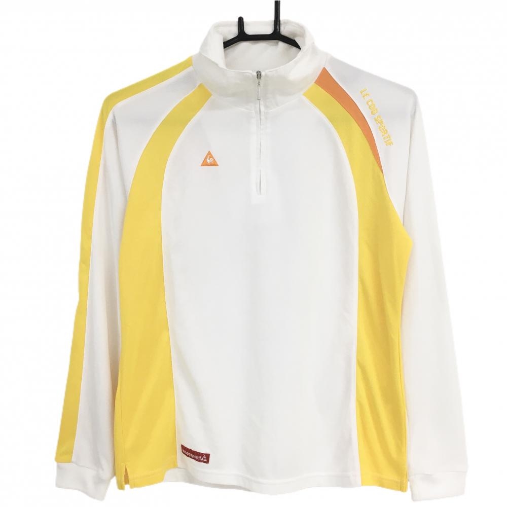 ルコック 長袖ハイネックシャツ 白×イエロー ハーフジップ バックロゴ レディース M ゴルフウェア le coq sportif