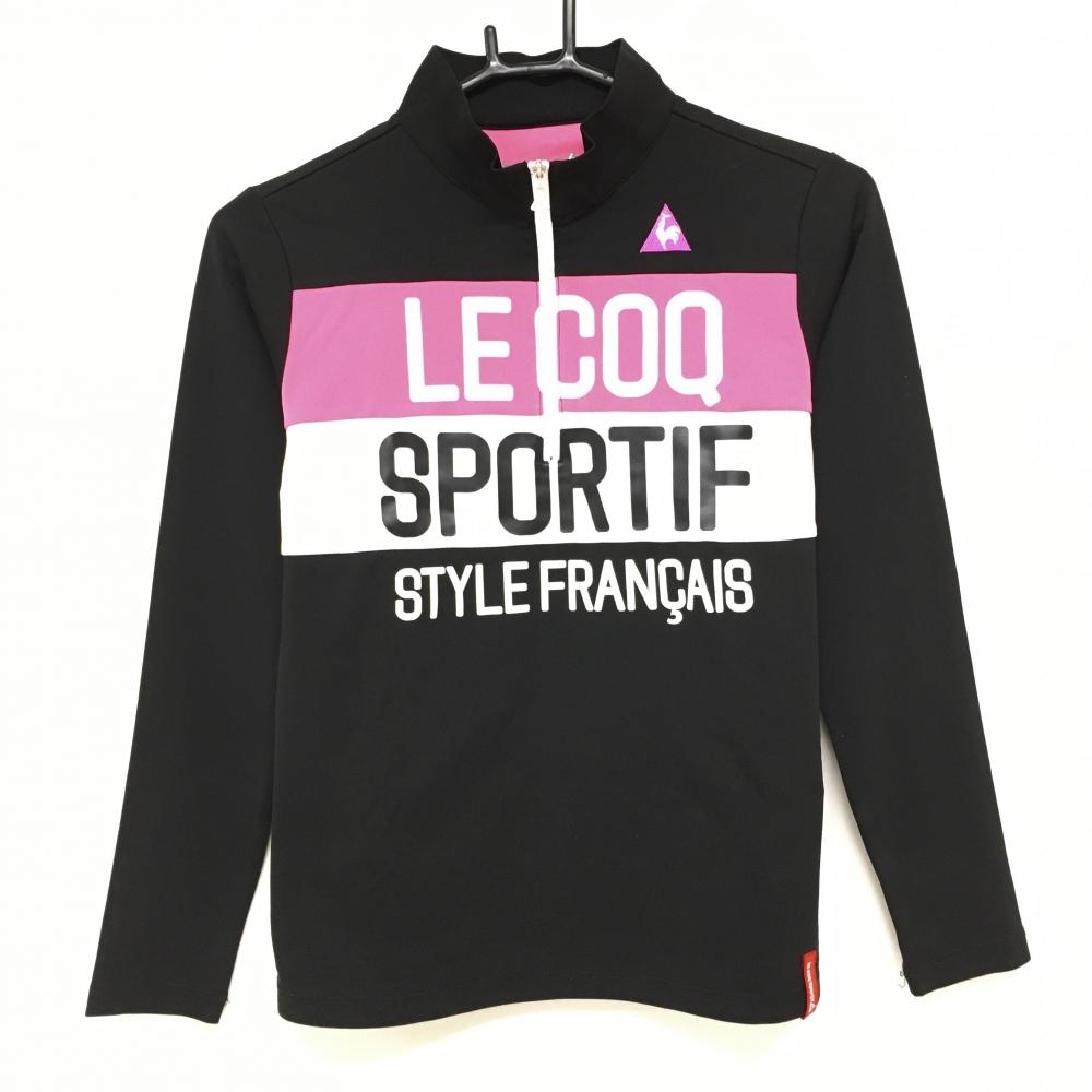 【美品】ルコックゴルフ 長袖ハイネックシャツ 黒×ピンク ハーフジップ ビッグロゴ レディース M ゴルフウェア le coq sportif