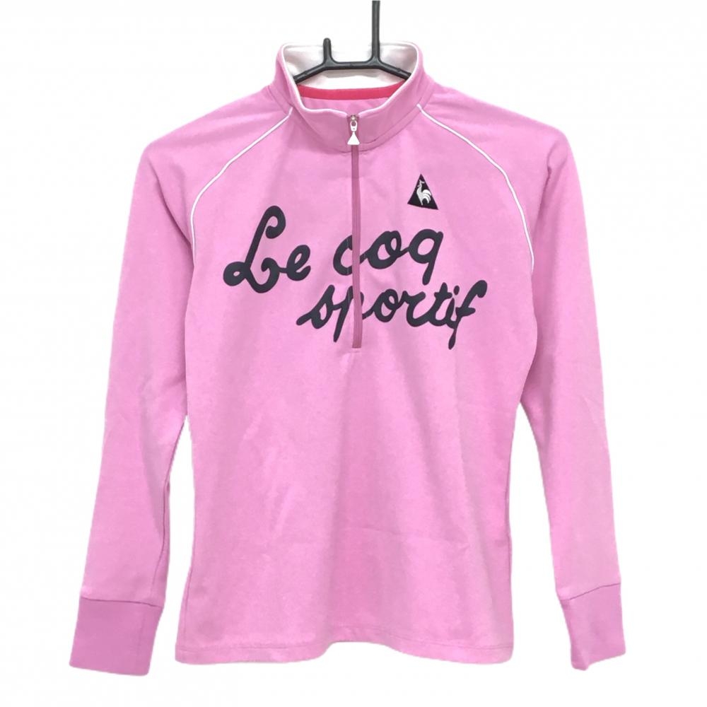 【美品】ルコック 長袖ハイネックシャツ ピンク×黒 フロントプリント ハーフジップ レディース M ゴルフウェア le coq sportif