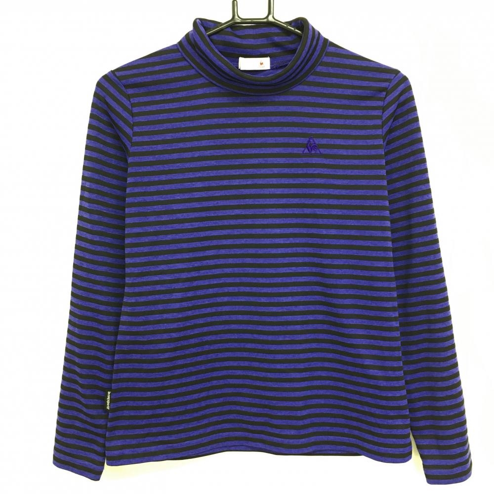 【超美品】ルコック 長袖ハイネックシャツ パープル×黒 ボーダー ロゴ刺しゅう レディース M ゴルフウェア le coq sportif