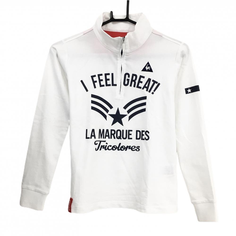 ルコックゴルフ 長袖ハイネックシャツ 白×ネイビー フロントプリント ハーフジップ  レディース S ゴルフウェア le coq sportif