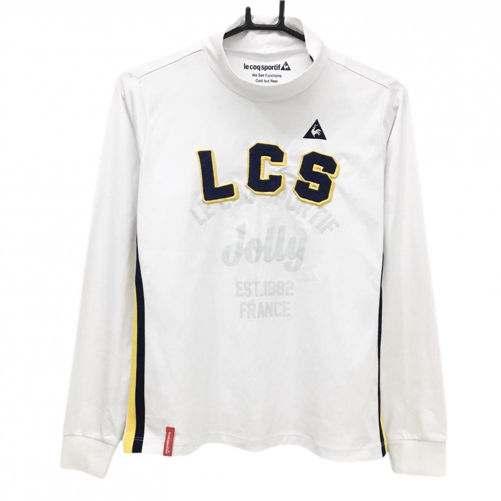ルコックゴルフ 長袖ハイネックシャツ 白×ネイビー フロントロゴ サイドライン レディース L ゴルフウェア le coq sportif