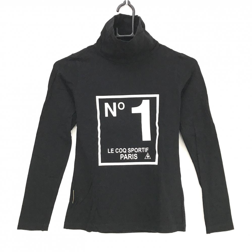 【美品】ルコックゴルフ 長袖ハイネックシャツ 黒×白 フロントプリント  レディース S ゴルフウェア le coq sportif