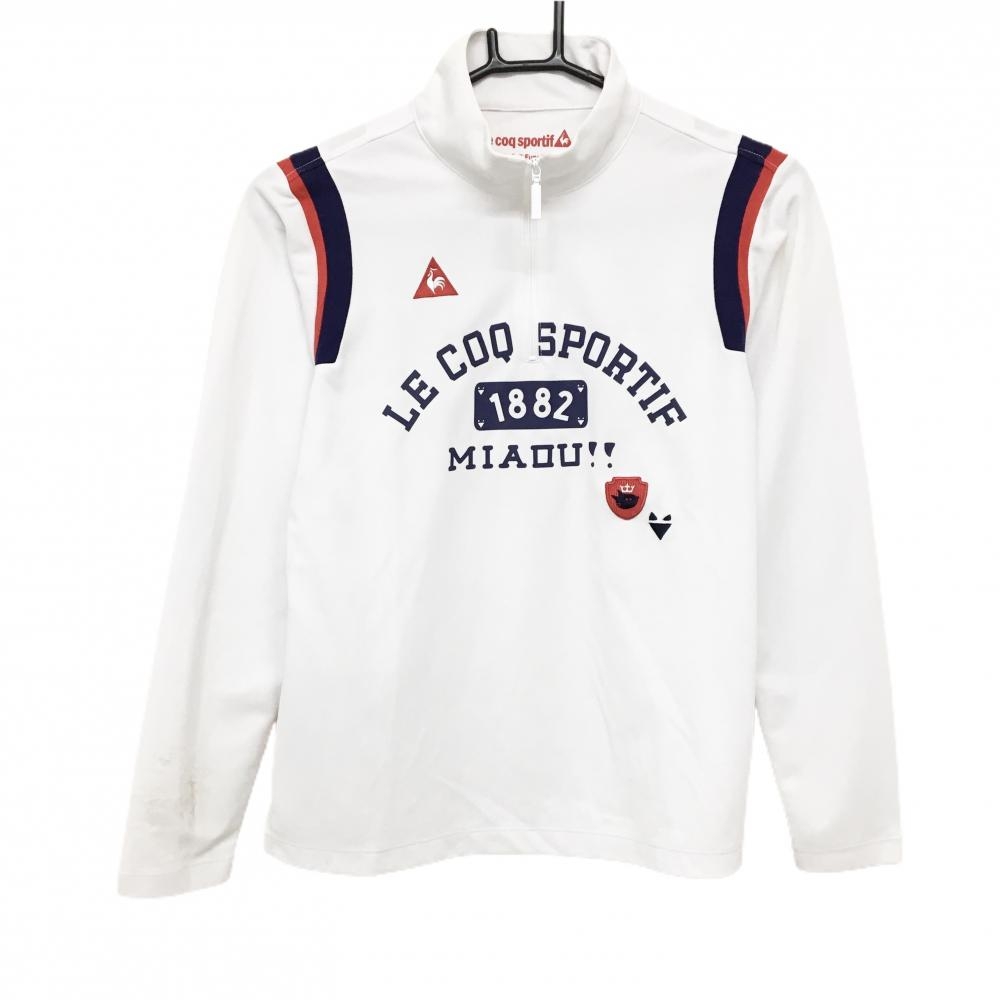 ルコックゴルフ 長袖ハイネックシャツ　白×ネイビー ハーフジップ フロントロゴ  レディース L ゴルフウェア le coq sportif