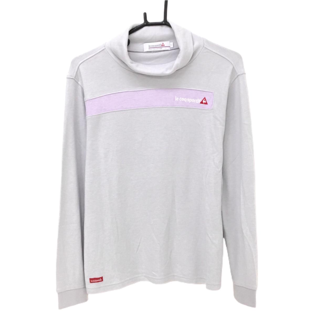 【美品】ルコックゴルフ 長袖ハイネックシャツ ライトグレー×ライトパープル ロゴ刺しゅう レディース L ゴルフウェア le coq sportif