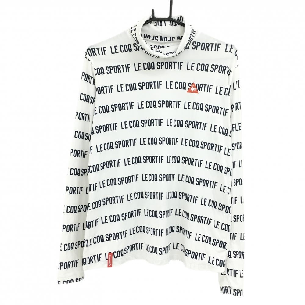 【美品】ルコック 長袖ハイネックシャツ 白×ネイビー ロゴ総柄  レディース LL ゴルフウェア le coq sportif