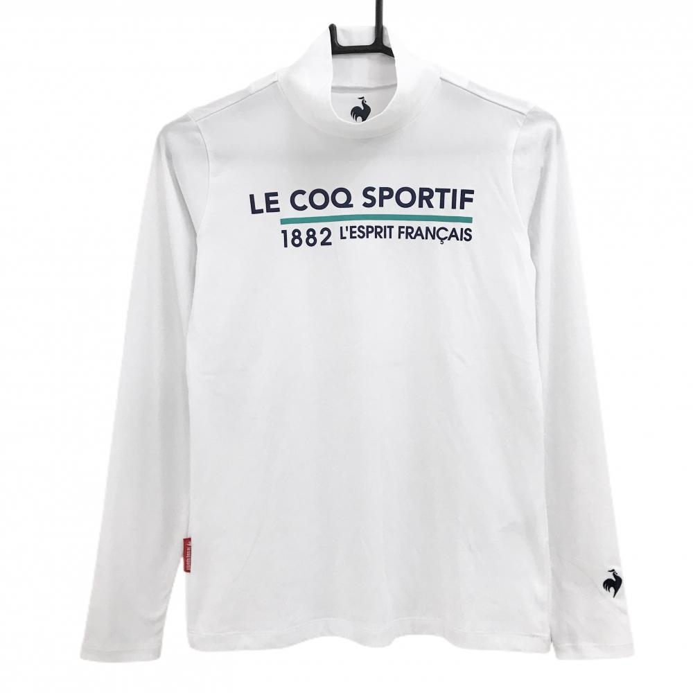 【美品】ルコックゴルフ 長袖ハイネックシャツ 白×ネイビー フロントロゴ レディース M ゴルフウェア le coq sportif