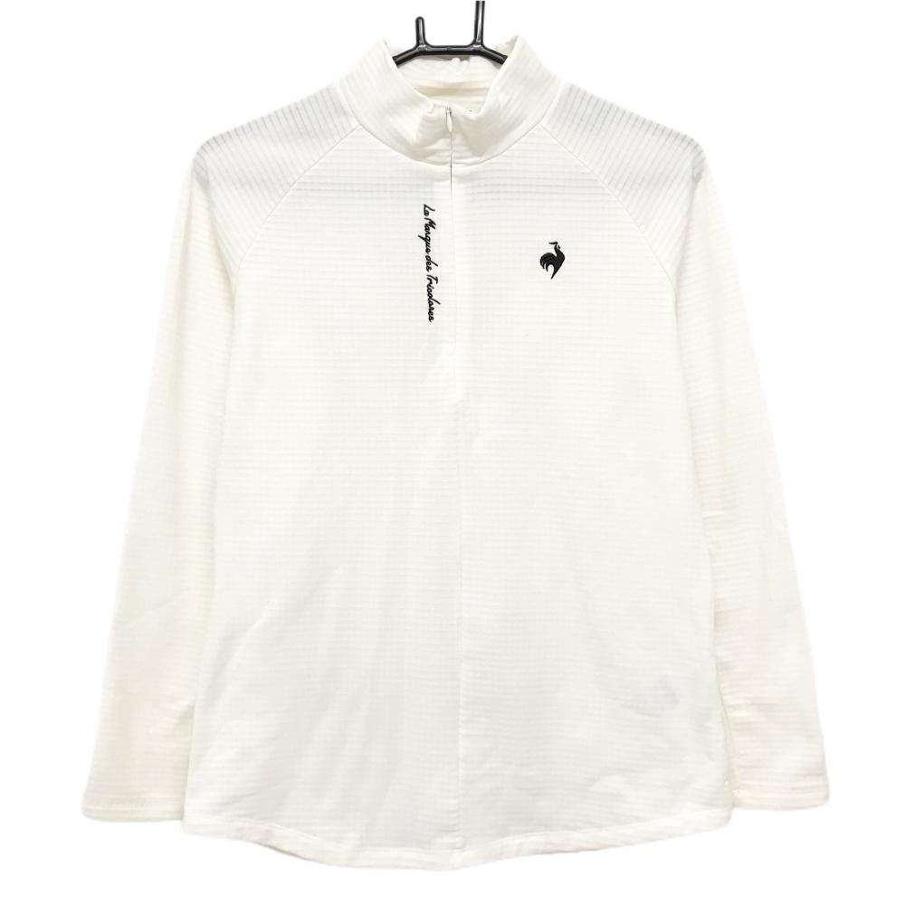 【超美品】ルコックゴルフ 長袖ハイネックシャツ 白×黒 地模様 ロゴ刺しゅう ハーフジップ レディース M ゴルフウェア le coq sportif