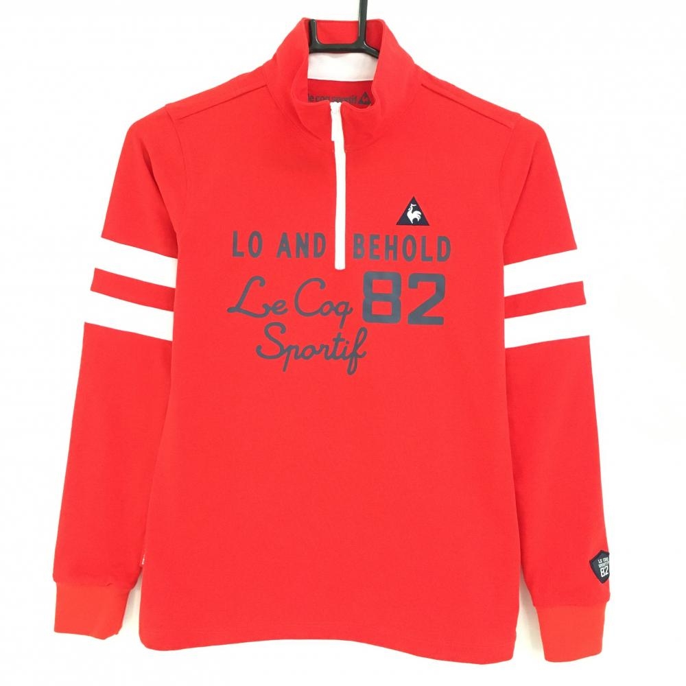 【超美品】ルコックゴルフ 長袖ハイネックシャツ レッド×白 袖2ライン  レディース M ゴルフウェア le coq sportif