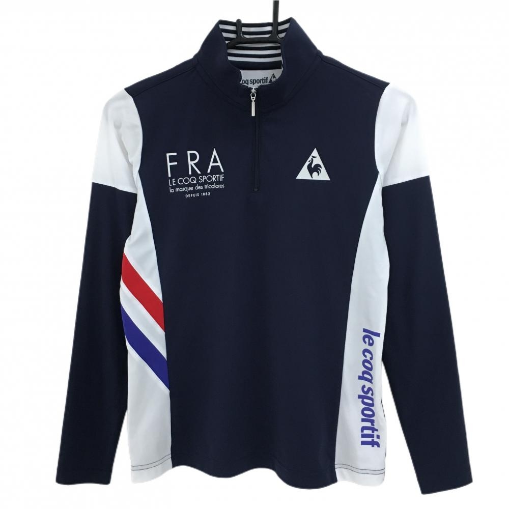 【超美品】ルコックゴルフ 長袖ハイネックシャツ ネイビー×白 ハーフジップ ロゴ レディース L ゴルフウェア le coq sportif