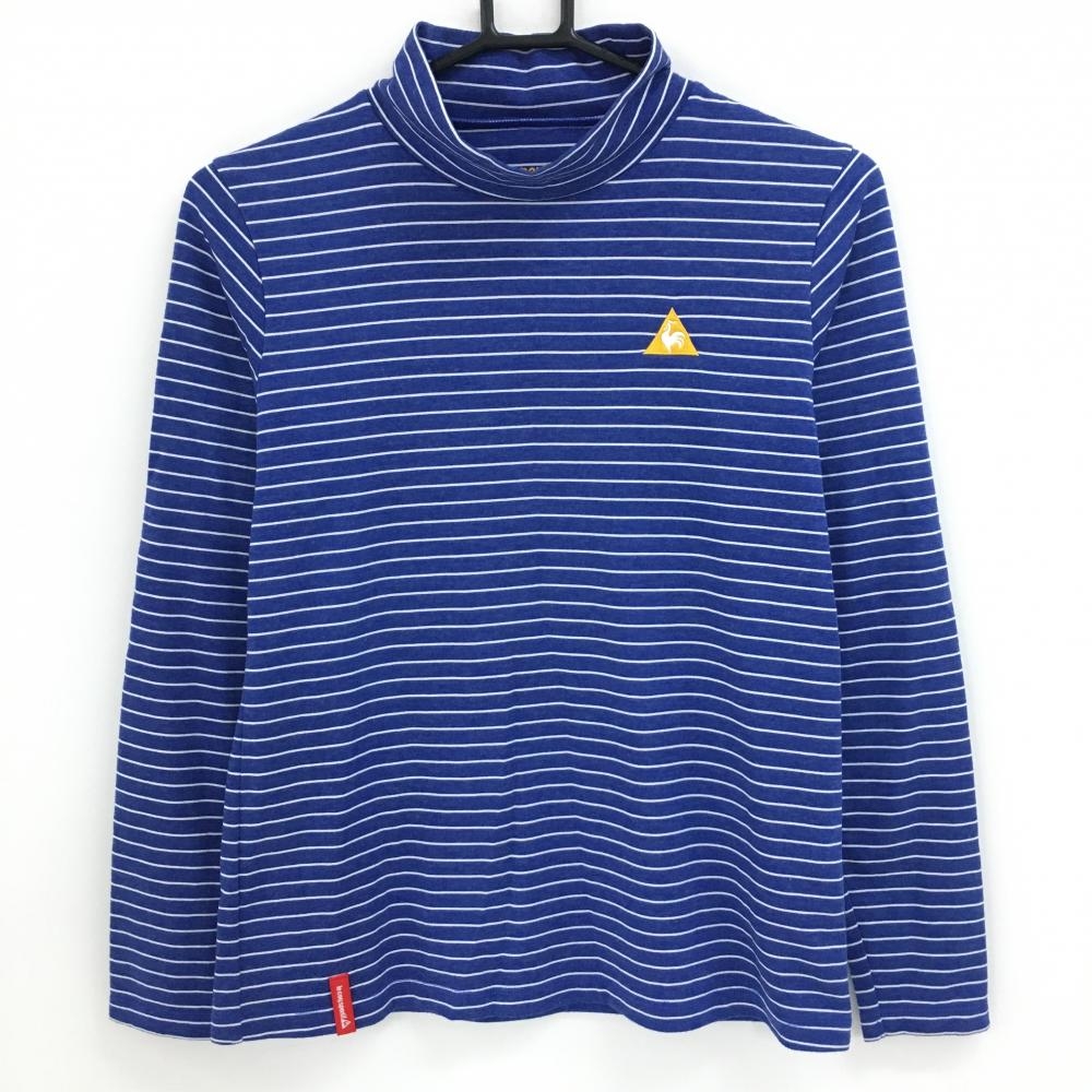 【超美品】ルコックゴルフ 長袖ハイネックシャツ ブルー×白 ボーダー ロゴ刺しゅう レディース L ゴルフウェア le coq sportif