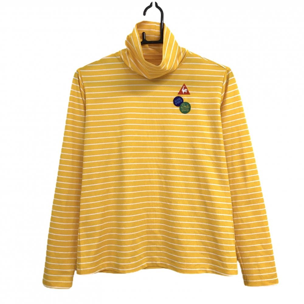 【超美品】ルコック 長袖タートルネックシャツ イエロー×白 ボーダー ワッペン  レディース L ゴルフウェア le coq sportif